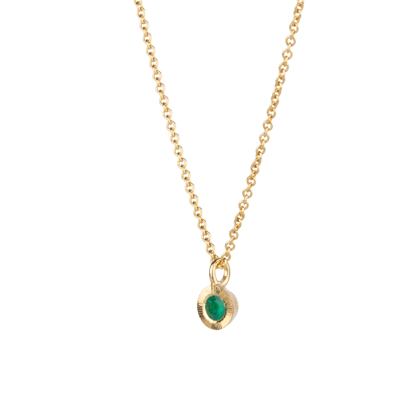 Emerald Small Aurora Pendant Necklace in Yellow Gold on a white background, side angle