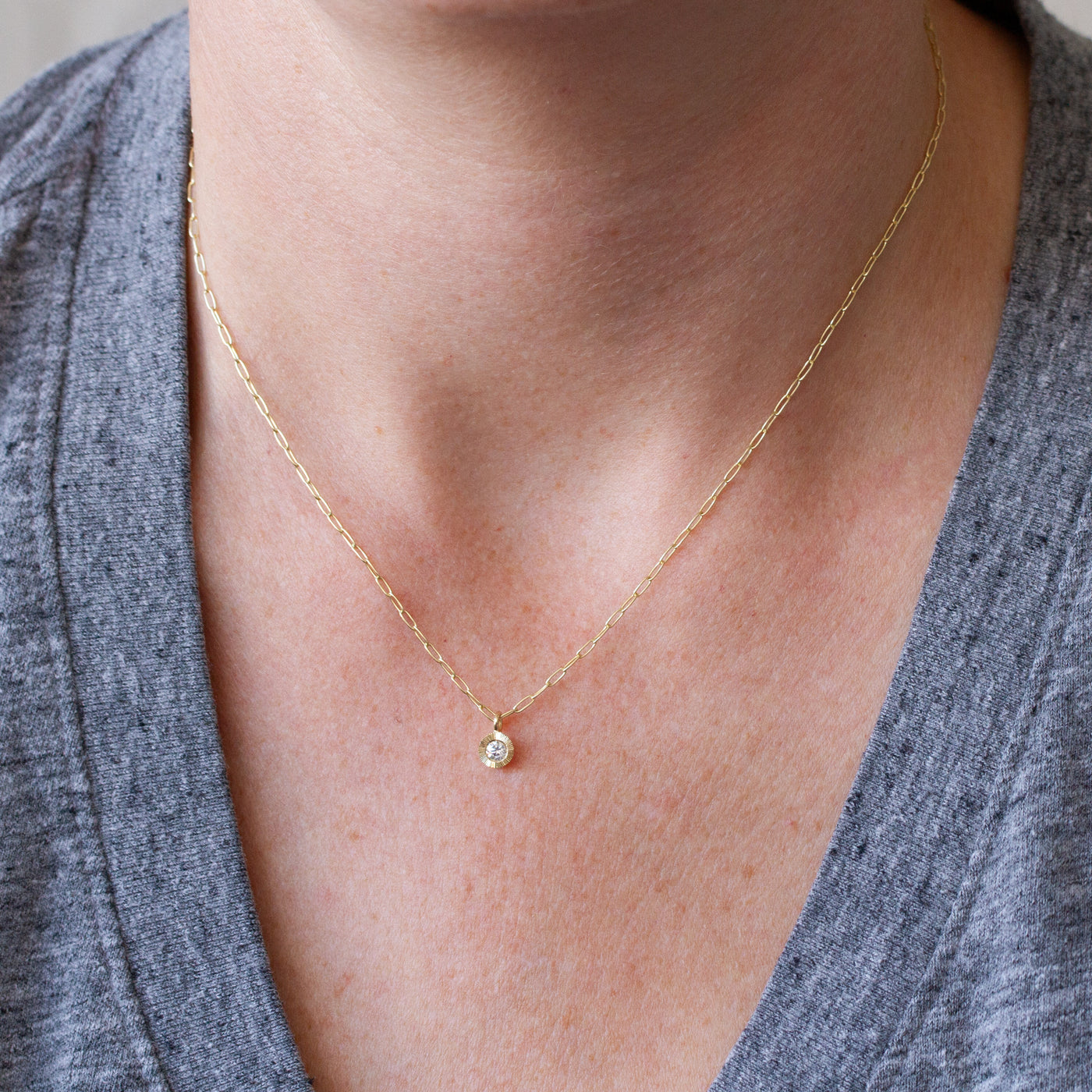 Aurora Drop Pendant with Diamond on Paperclip Chain in Yellow Gold