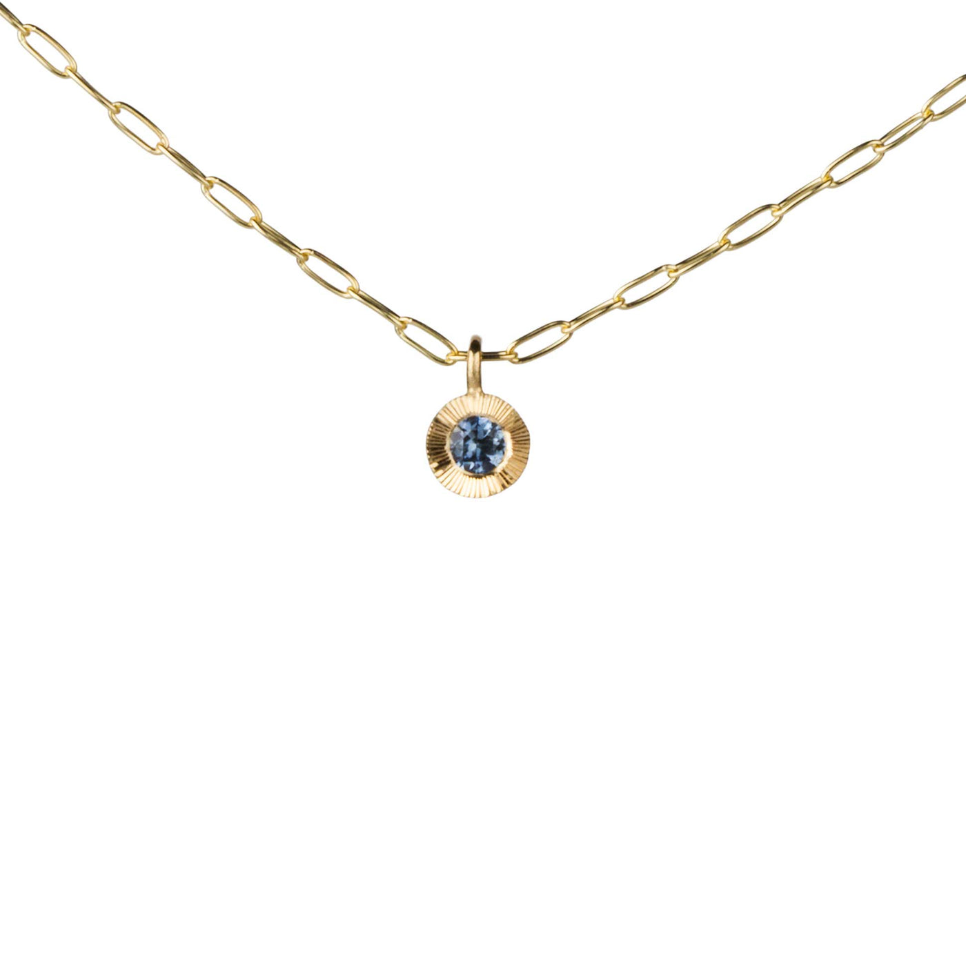 Aurora Drop Pendant with Montana Sapphire on Paperclip Chain in Yellow Gold