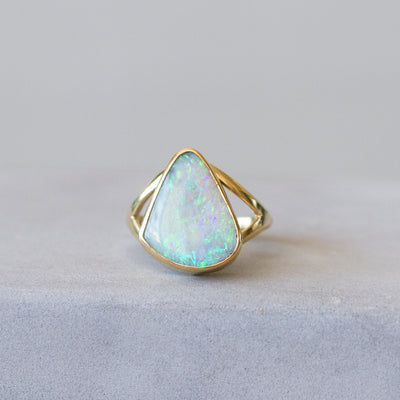 Australian Boulder Opal Gold Cleo Ring on a plain background, front angle