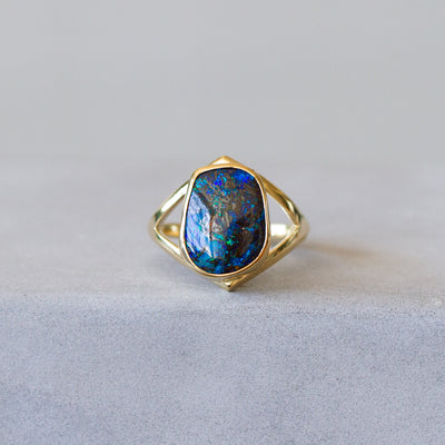 Australian Boulder Opal Gold Cleo Ring #2 on a plain background, front angle