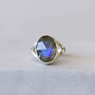 Labradorite Silver Cleo Ring #4 on a plain background, front angle