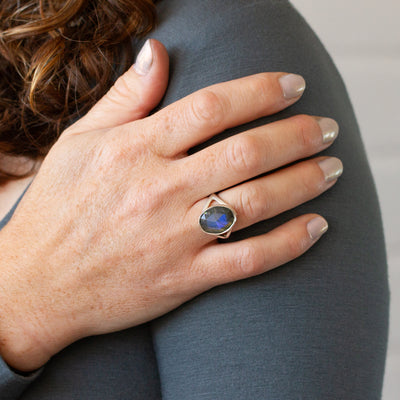 Labradorite Silver Cleo Ring #4 modeled on a hand