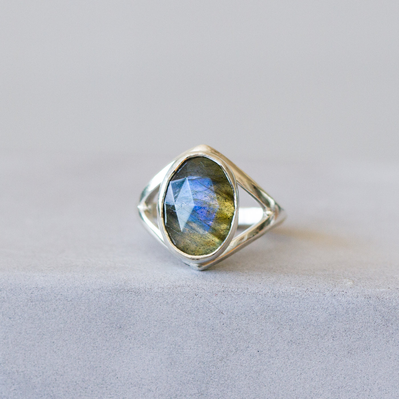 Labradorite Silver Cleo Ring #5 on a plain background, front angle