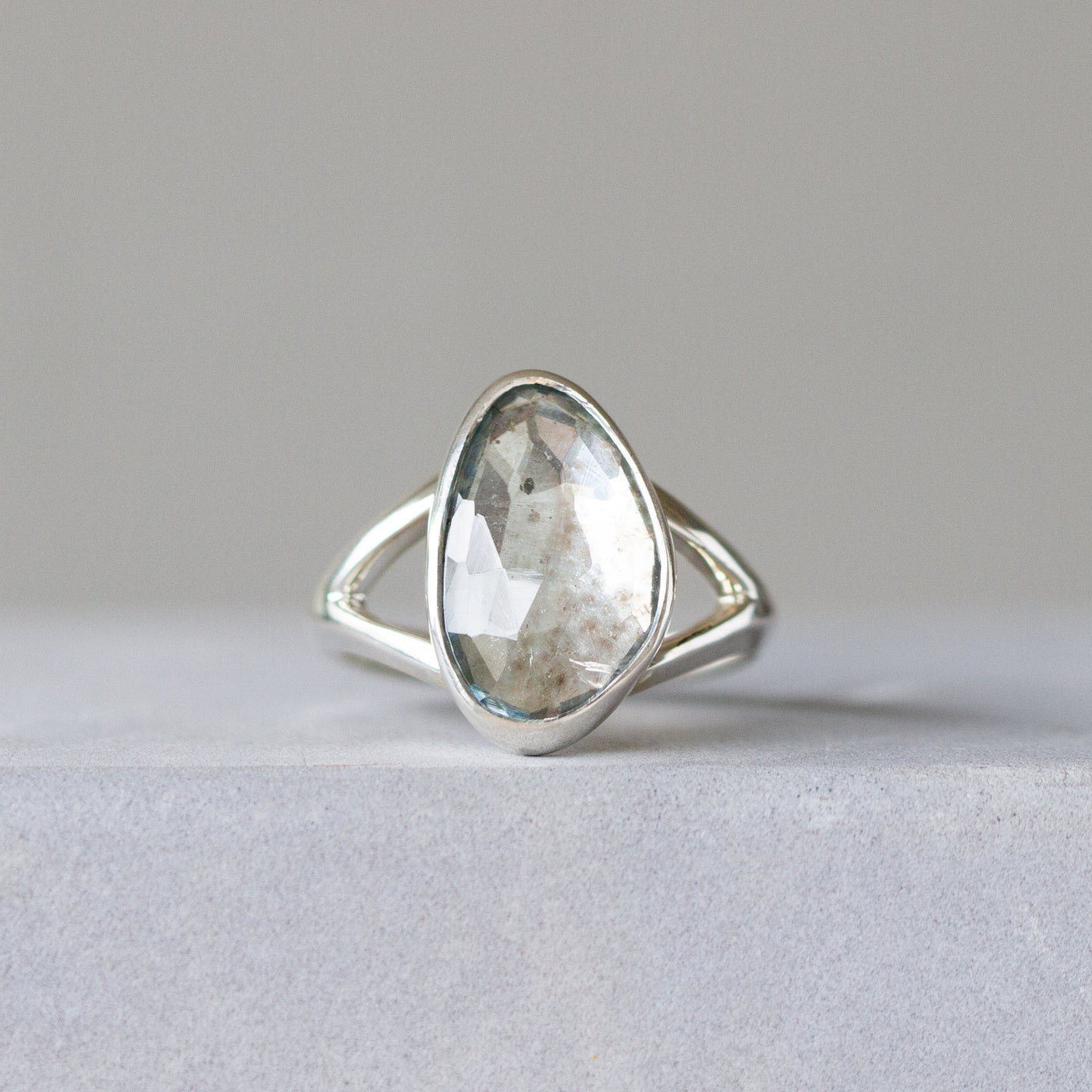 Rose Cut Moss Aquamarine Silver Cleo Ring #9 front angle 
