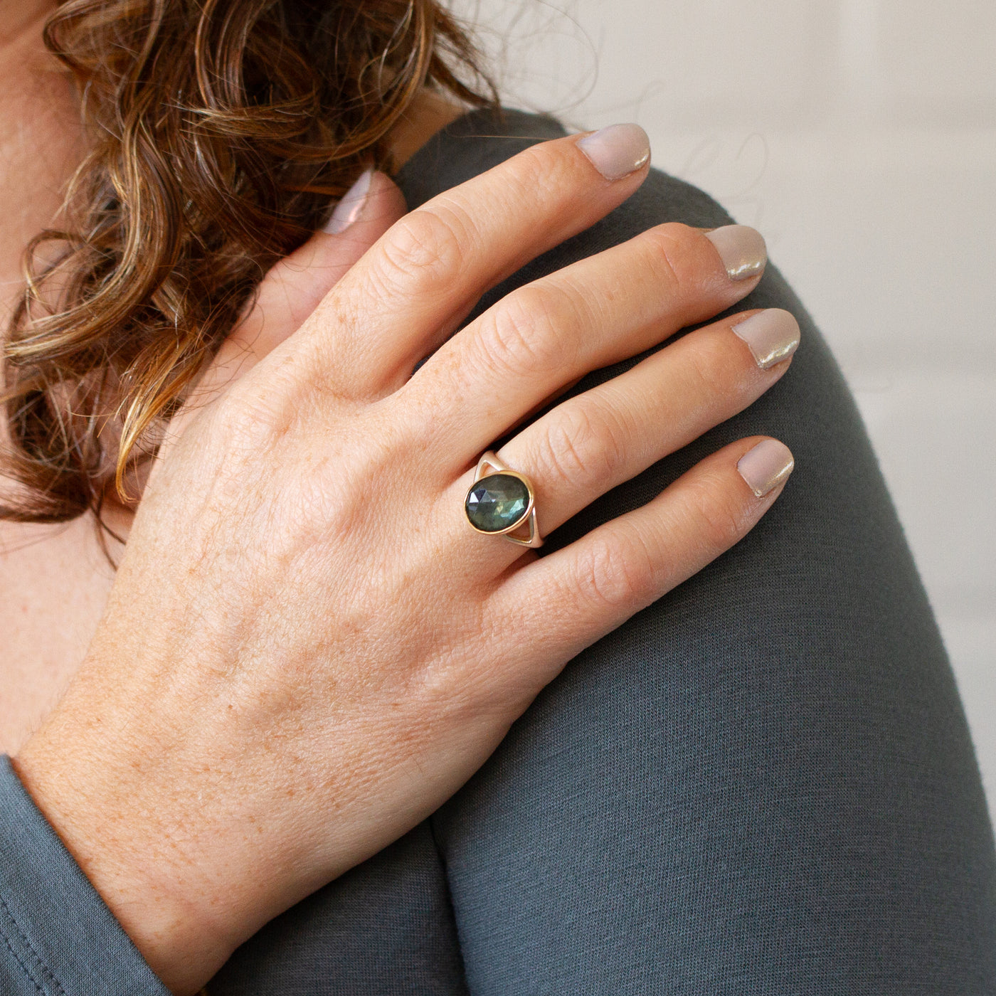 Blue Tourmaline Sterling Silver and 14K Yellow Gold Cleo Split Shank Ring