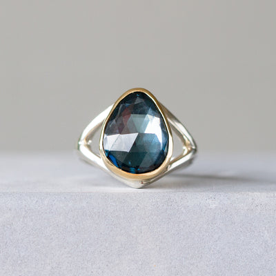 Rose Cut London Blue Topaz Silver and Gold Cleo Ring #5 front angle