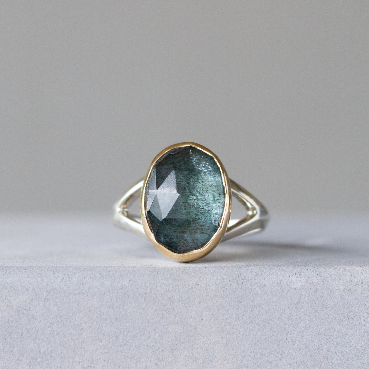 Rose Cut Moss Aquamarine Silver and Gold Cleo Ring #5 front angle