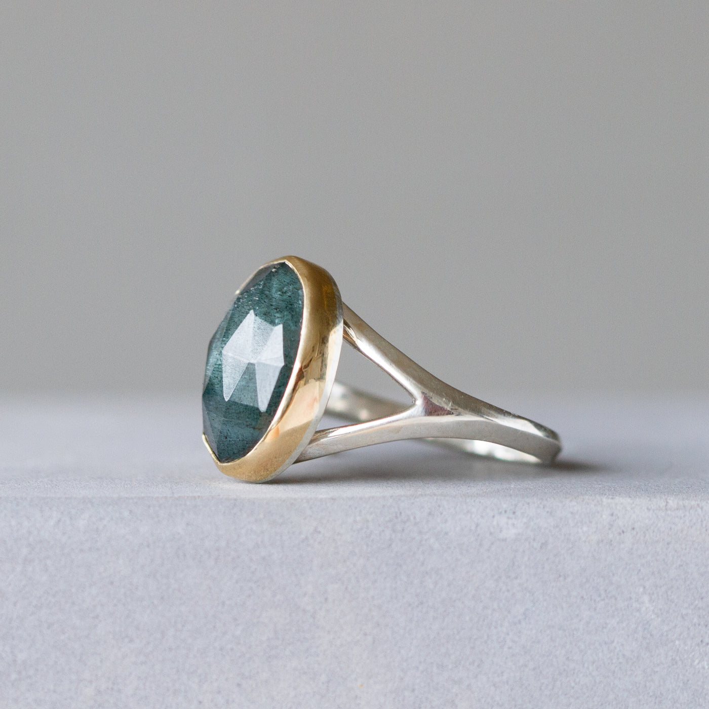 Rose Cut Moss Aquamarine Silver and Gold Cleo Ring #5 side angle
