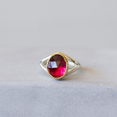 Pink Tourmaline Silver and Gold Cleo Ring on a plain background, front angle