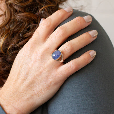 Tanzanite Silver and Gold Cleo Ring modeled on a hand