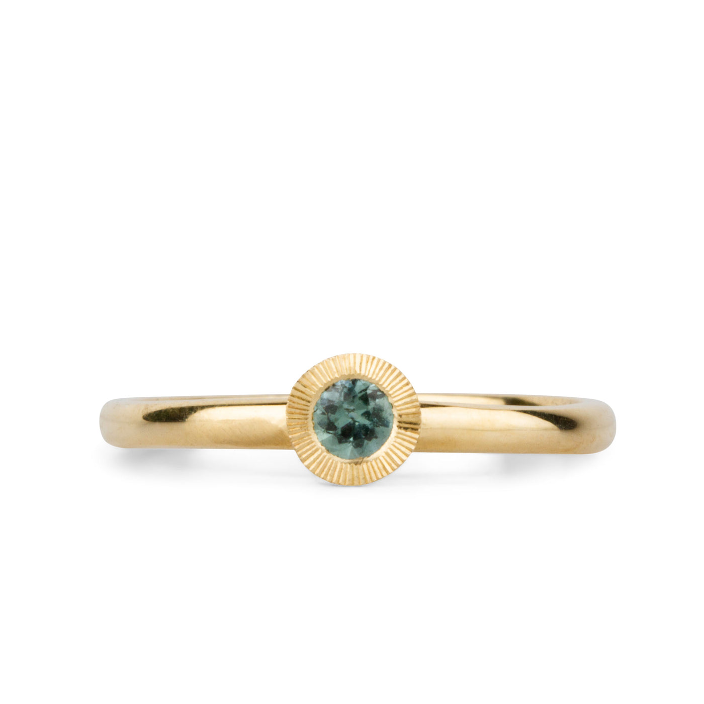 Teal Montana Sapphire Large Aurora Stacking Ring in Yellow Gold on a white background, front angle