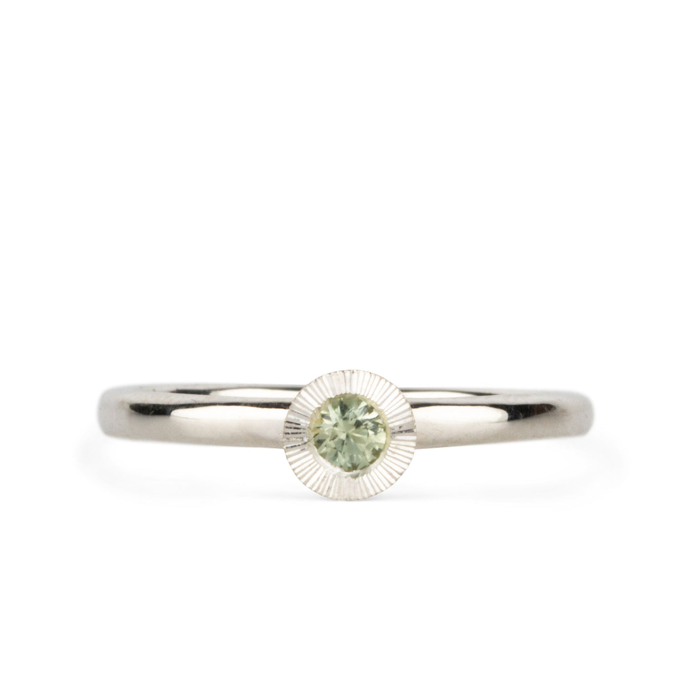 Light Green Montana Sapphire Large Aurora Stacking Ring in Silver on a white background, front angle