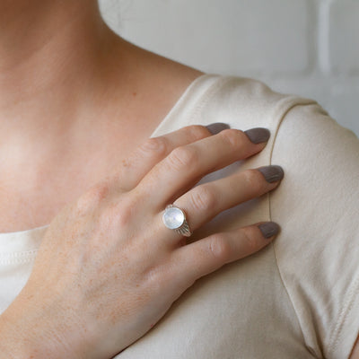Moonstone Calista Ring in Sterling Silver on a model 