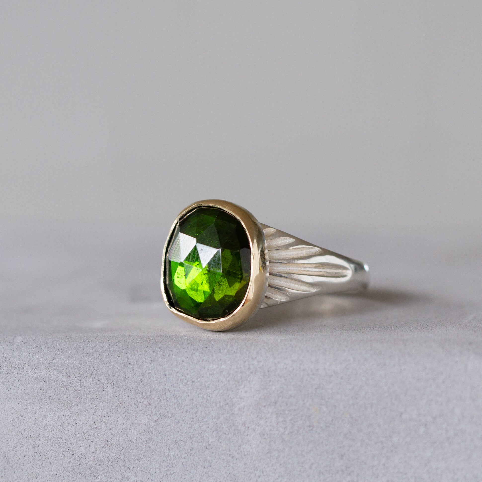 Green Tourmaline Sterling Silver and 14K Yellow Gold Calista Ring side angle