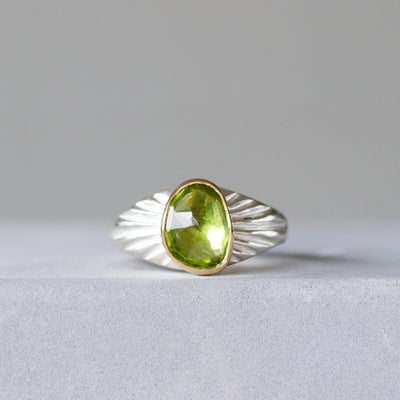 Rose Cut Peridot Silver and Gold Calista Ring #1 front angle