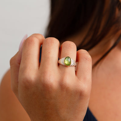 Rose Cut Peridot Silver and Gold Calista Ring #1 on a model