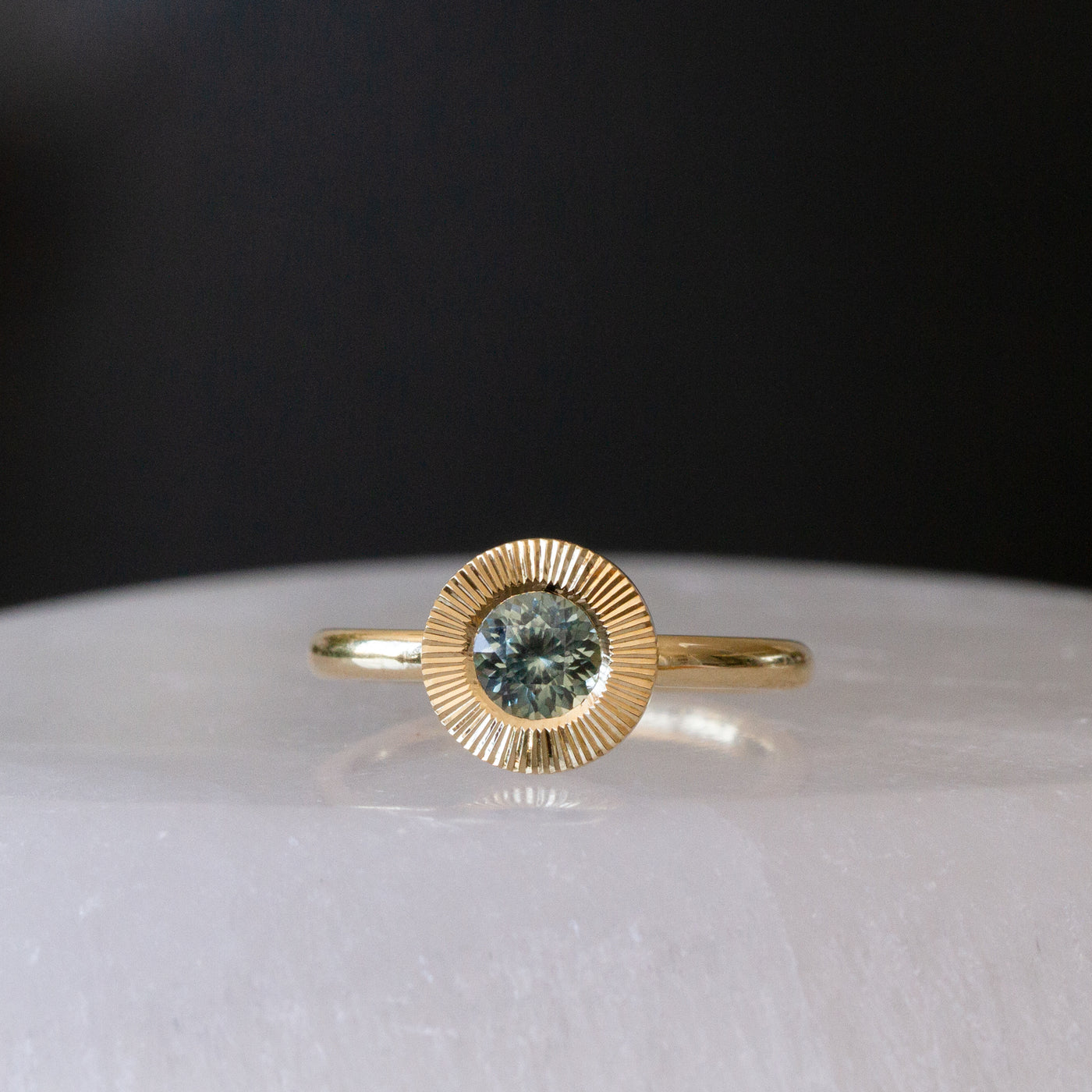 .62ct Round Aurora Engagement Ring - Teal Montana Sapphire in Yellow Gold