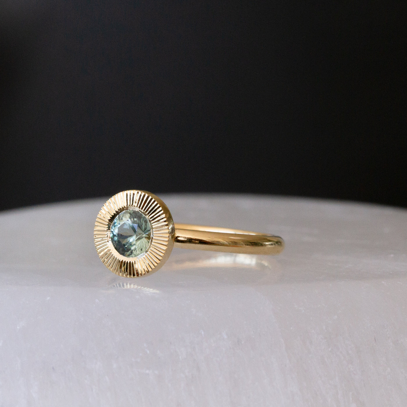 .62ct Round Aurora Engagement Ring - Teal Montana Sapphire in Yellow Gold