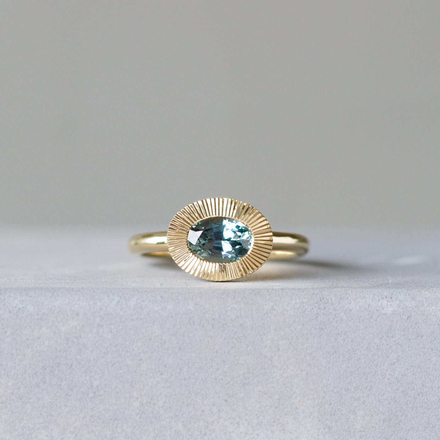 East-West Aurora Solitaire with Blue-Green Montana Sapphire