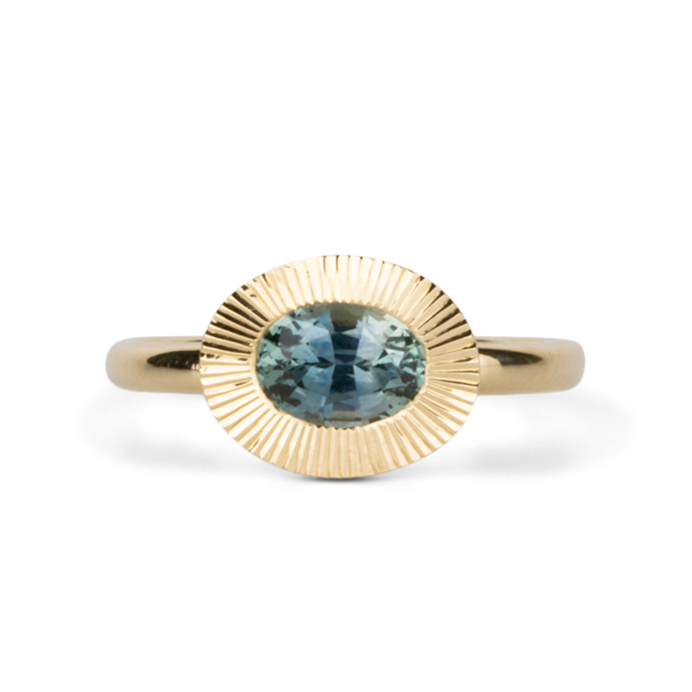 East-West Aurora Solitaire with Blue-Green Montana Sapphire on a white background, front angle