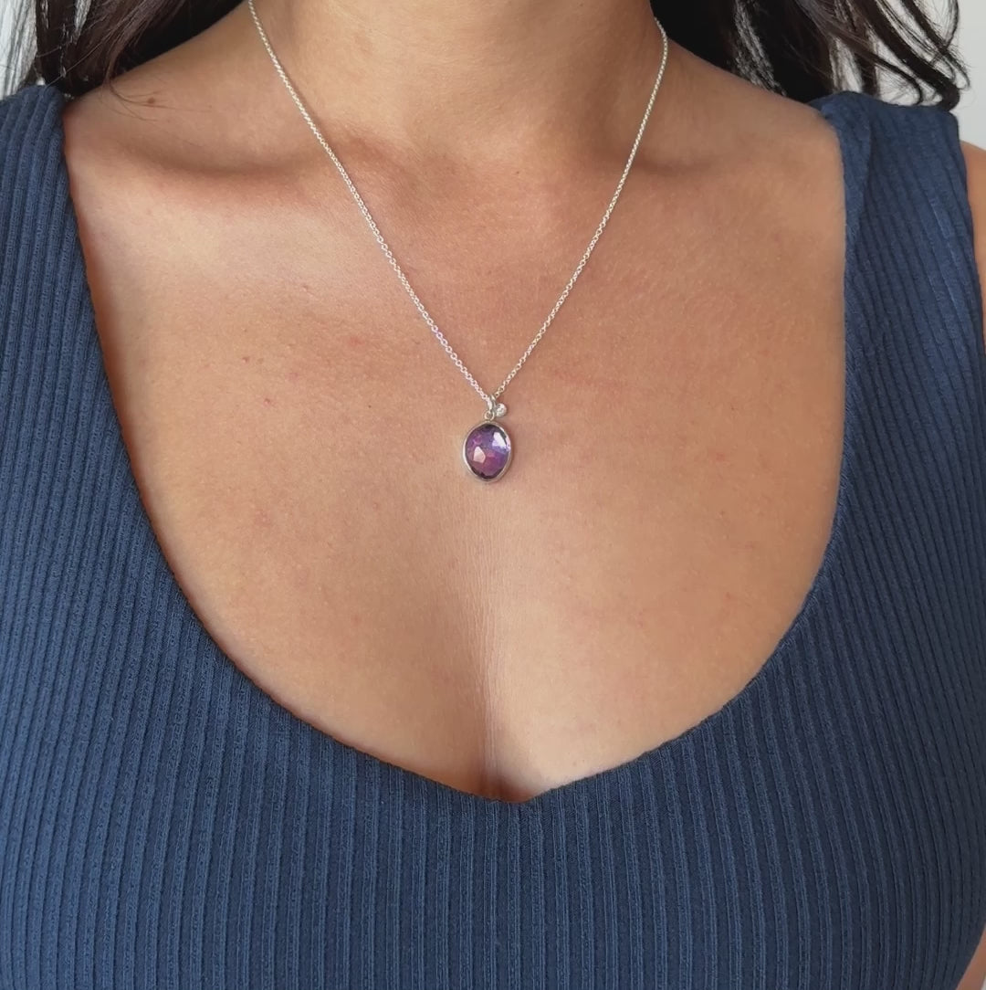 Video of the Rose Cut Amethyst Silver Theia Necklace #4 on a model
