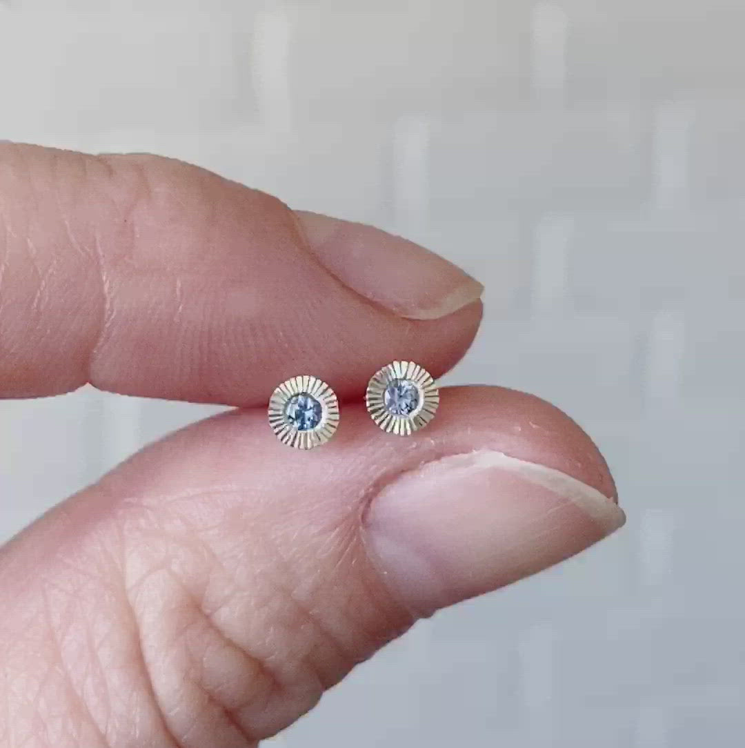 Sterling silver small engraved Aurora stud earrings with blue Yogo Montana Sapphires