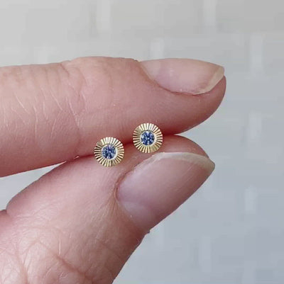 14k yellow gold small engraved Aurora stud earrings with blue Yogo Montana Sapphires