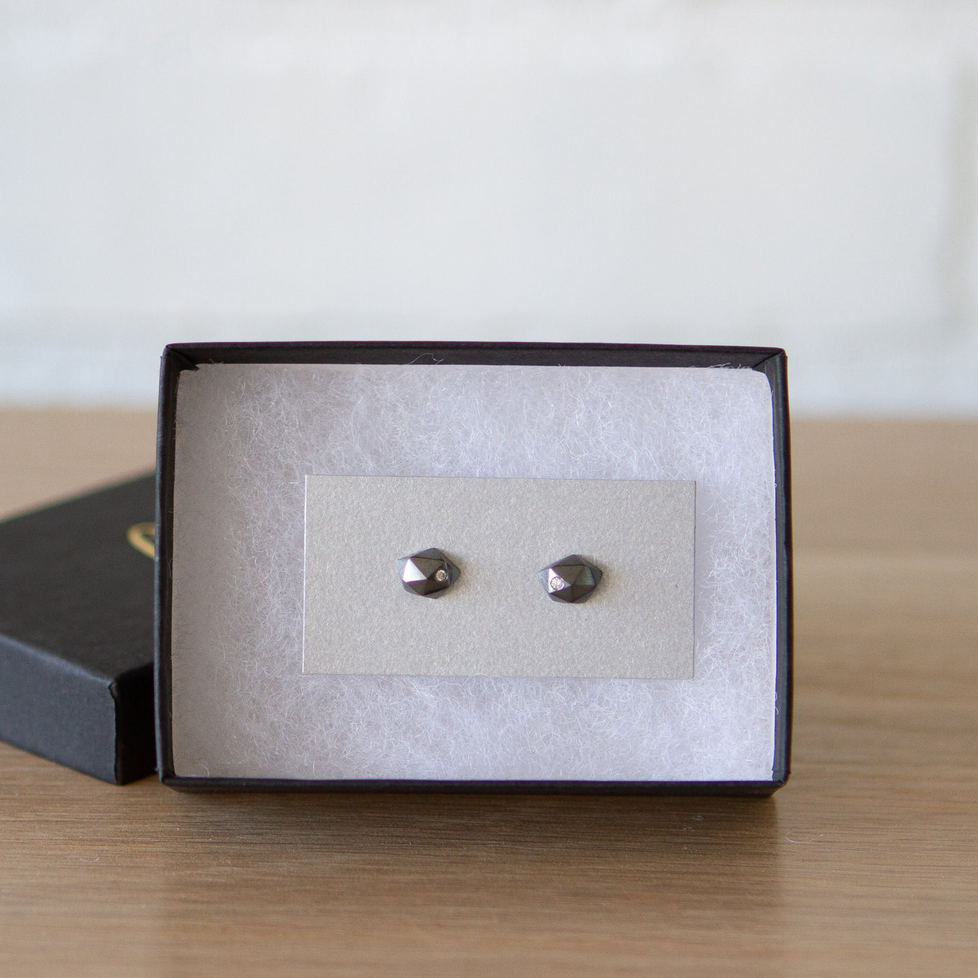 Oxidized Silver Faceted Stud earrings with Diamonds in a gift box