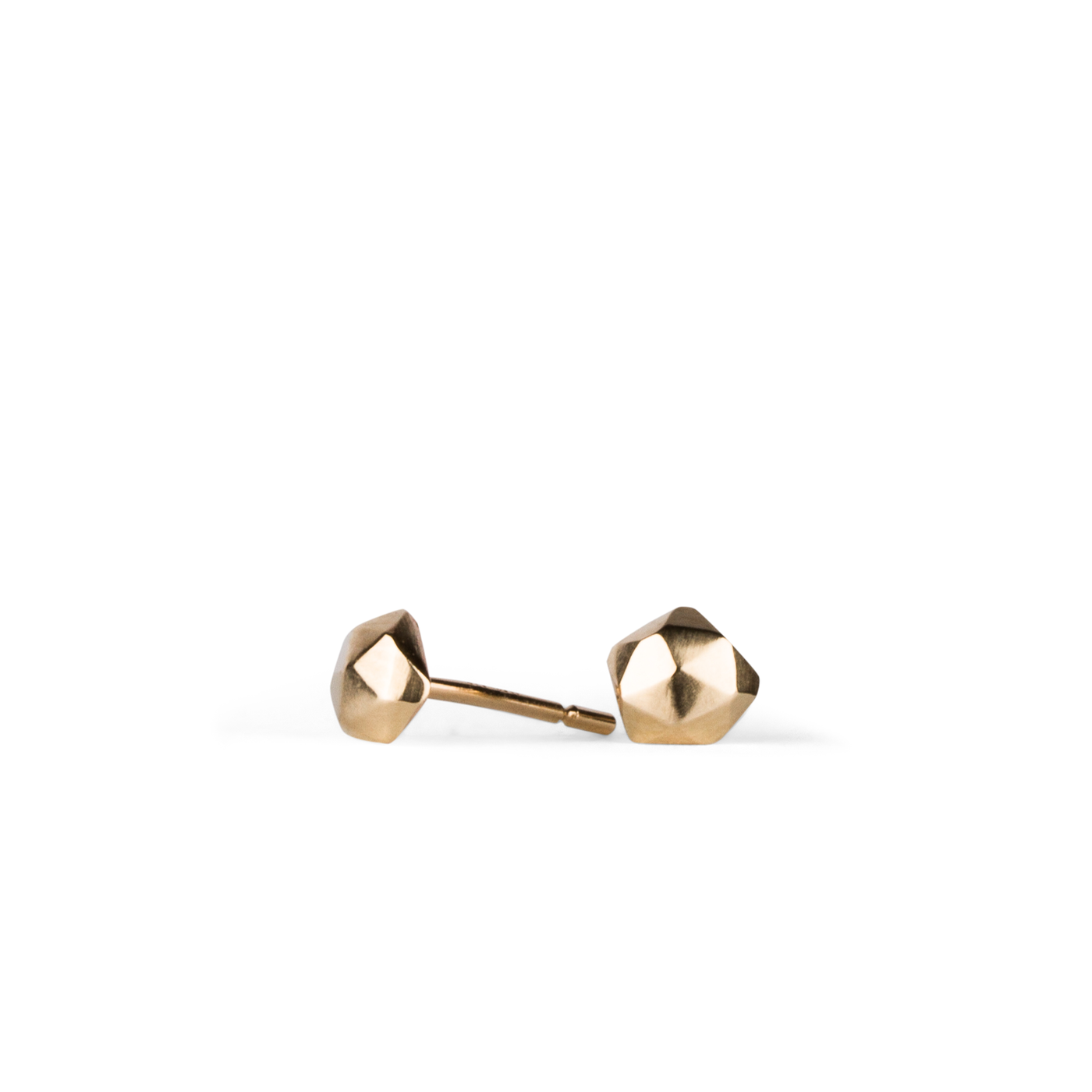 14k yellow gold geometric faceted stud earrings in the micro size side view on a white background by Corey Egan