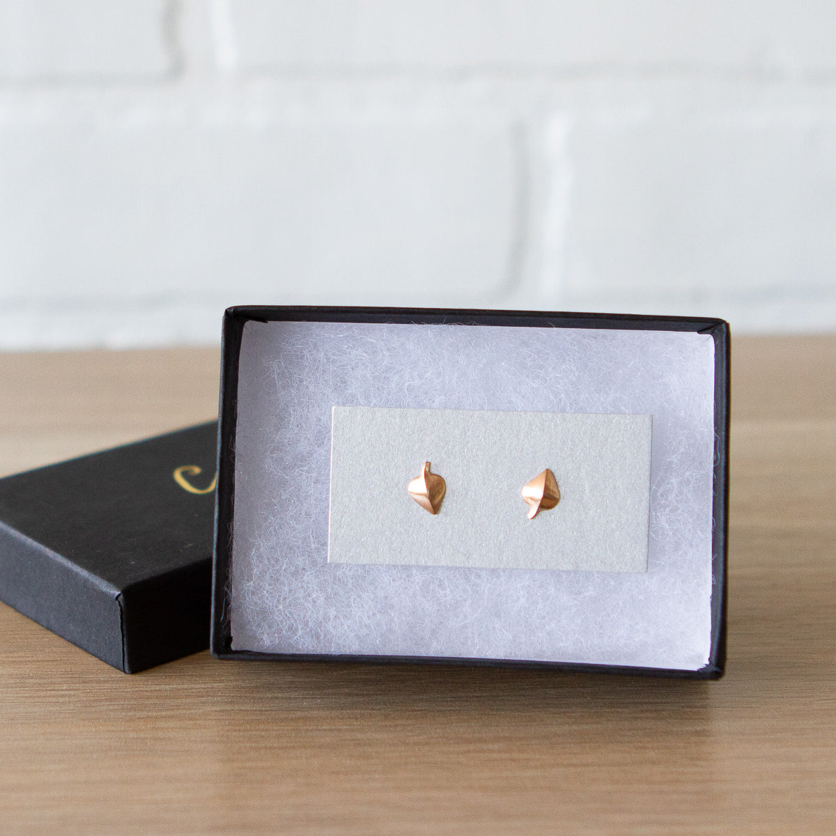 Rose Gold Aspen Leaf Stud Earrings in a gift box