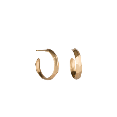 Gold Faceted Denali Hoop Earrings on a white background side view by Corey Egan