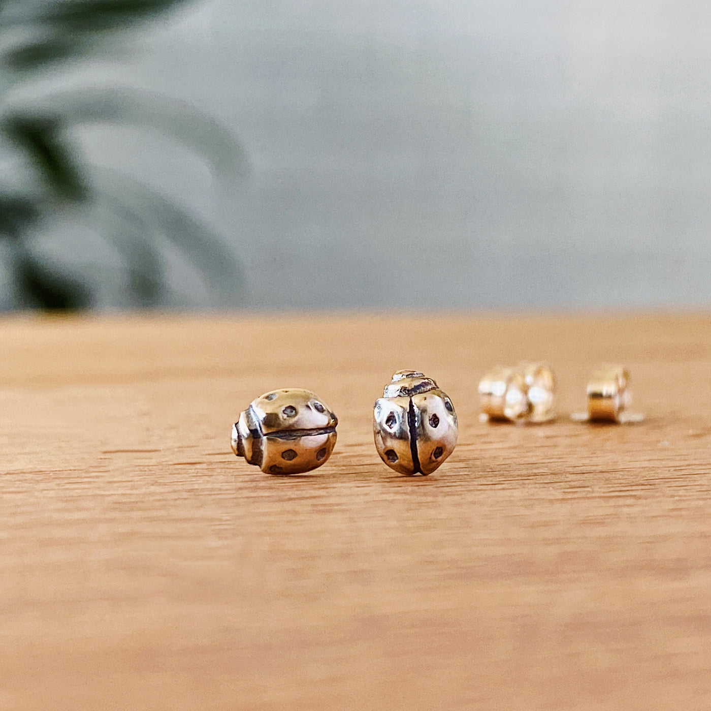 Gold Ladybug Stud Earrings on a tabletop by Corey Egan