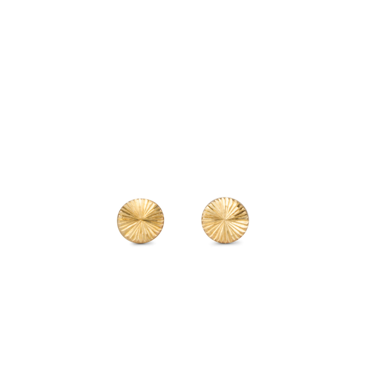 Tiny engraved gold stud earring by Corey Egan on a white background