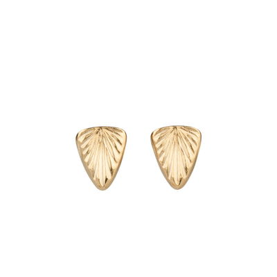 Triangle sunburst stud earrings on a white background in gold vermeil
