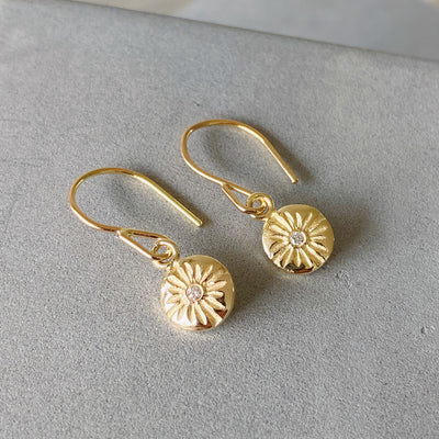 Gold and Diamond Small carved sunburst Lucia Dangle Earrings