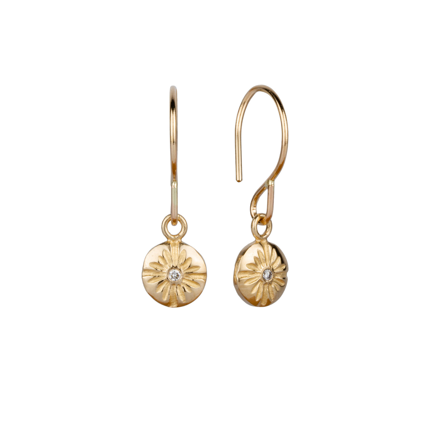 Gold and Diamond Small carved sunburst Lucia Dangle Earrings side view on a white background