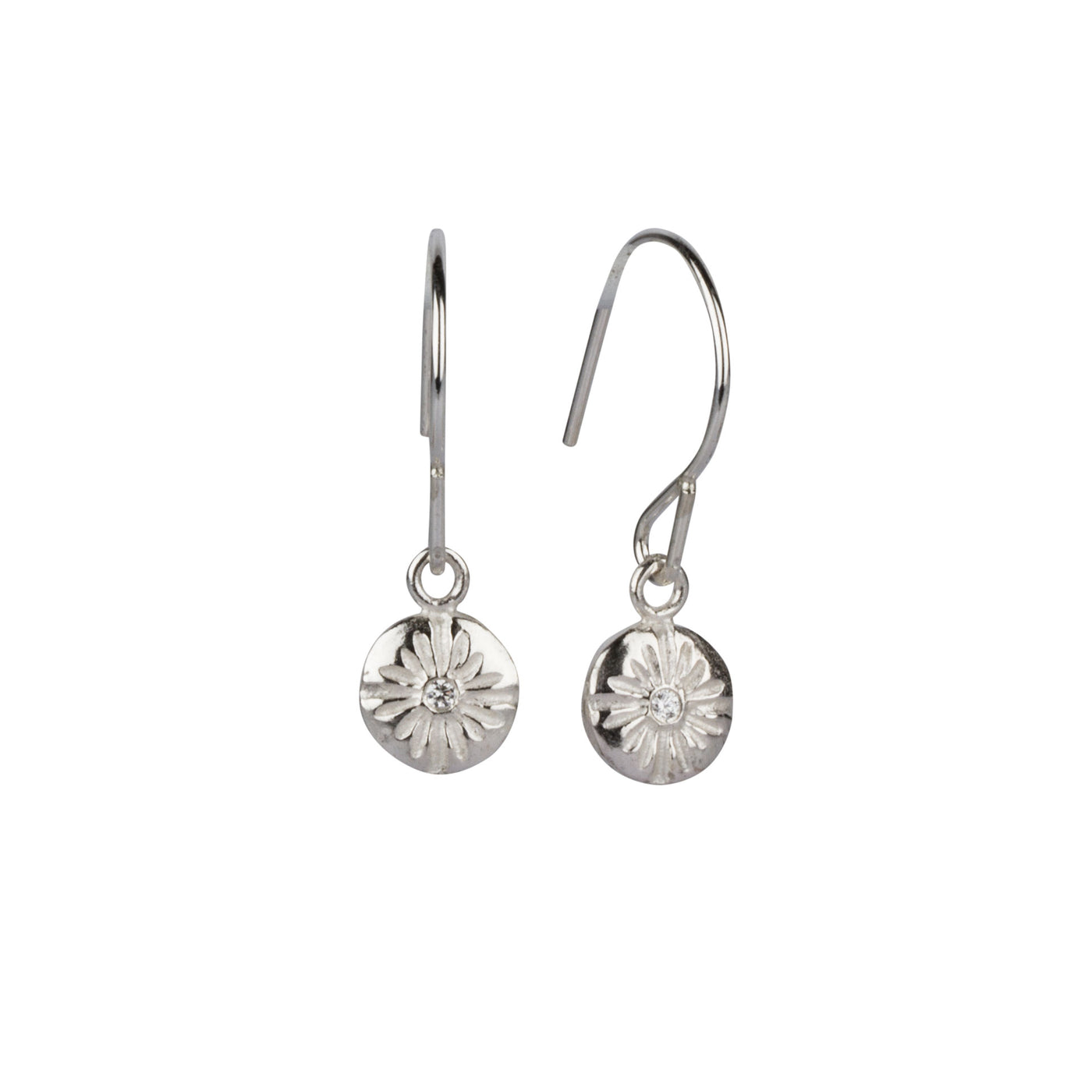 Lucia Small Dangle Earrings in Silver side view on a white background | Corey Egan