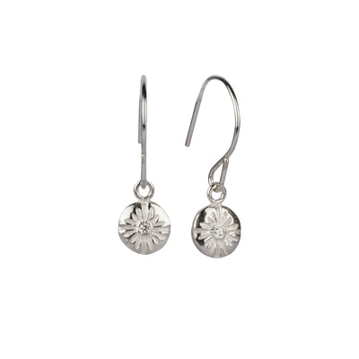 Lucia Small Dangle Earrings in Silver side view on a white background | Corey Egan