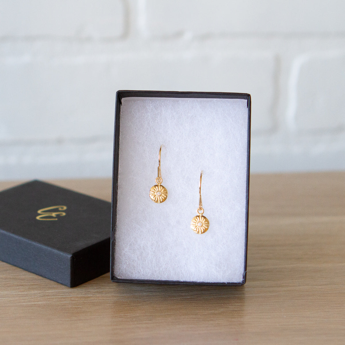 Small Lucia Dangle Earrings in Vermeil in a gift box by Corey Egan