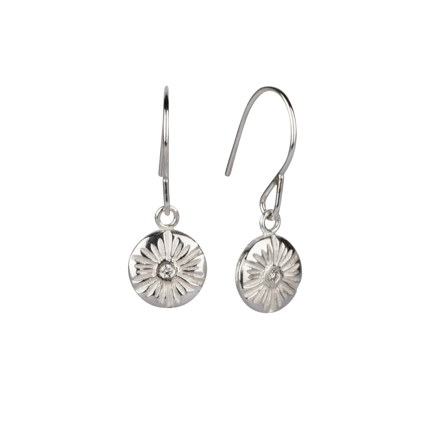 Lucia Medium Dangle Earrings in Silver side view on a white background | Corey Egan