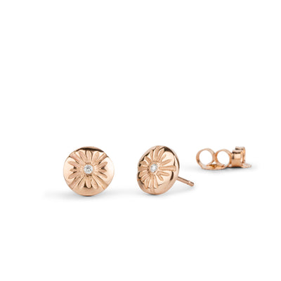 14k rose gold lucia stud earrings with white diamond centers on a white background alternate view