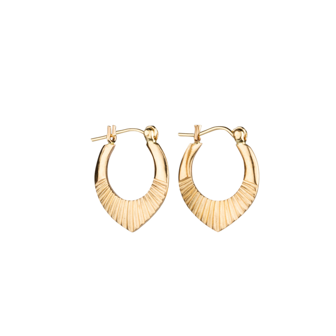 14k yellow gold hinged hoop earrings with carved sunburst motif on a white background