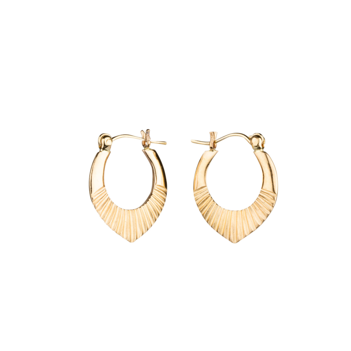 14k yellow gold hinged hoop earrings with carved sunburst motif