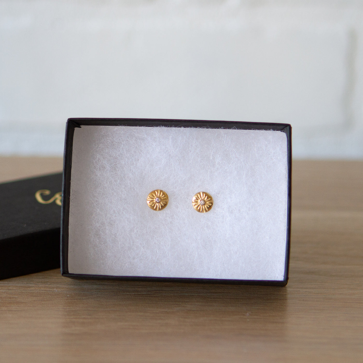 Small Lucia Diamond Vermeil Stud Earrings in a gift box by Corey Egan