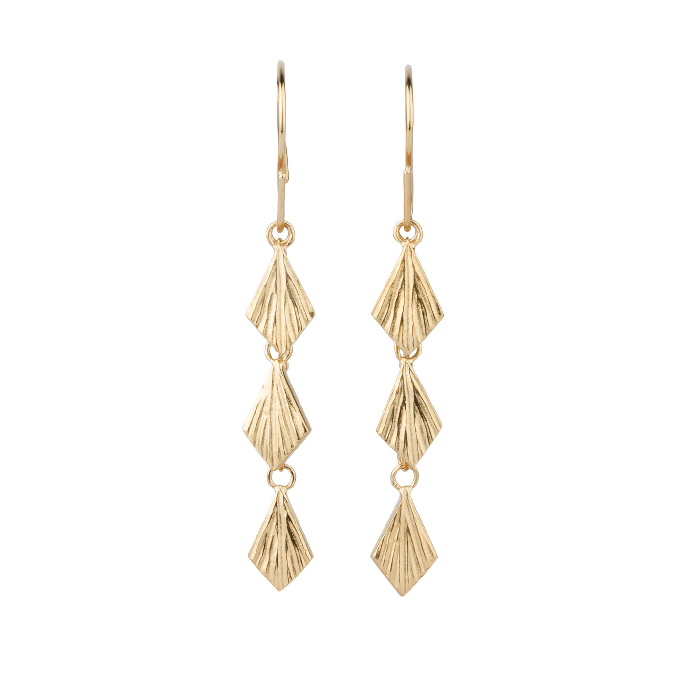 Three overlapping cascading tiers of fan-shaped flame dangles in gold vermeil hanging from an earwire