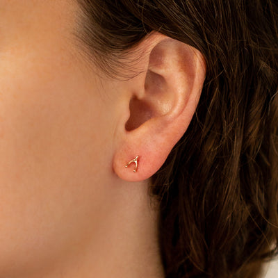 14k Rose Gold Wishbone Stud Earrings on an ear