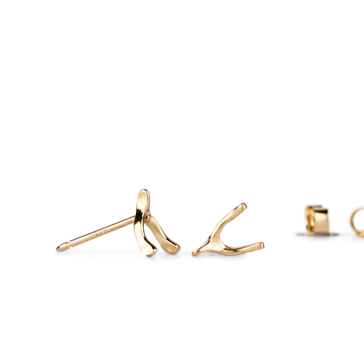 14k Yellow Gold Wishbone Stud Earrings by Corey Egan side view on a white background