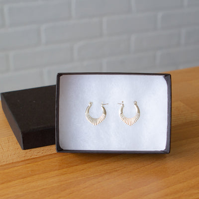 Silver Small Oblong hoops with hinge closure and sunburst bottom by Corey Egan in a gift box