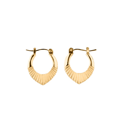 Gold Vermeil Small Oblong hoops with hinge closure and sunburst bottom by Corey Egan on a white background